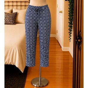 Talbots Navy Blue Geometric Medallion Print Crop Pants Drawstring X/1X w Pockets